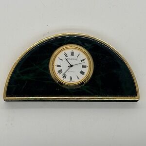 Quartz Mantel Desk Clock Marble Gold Tone Fresh Battery 4 1/2 Inch Long Heavy